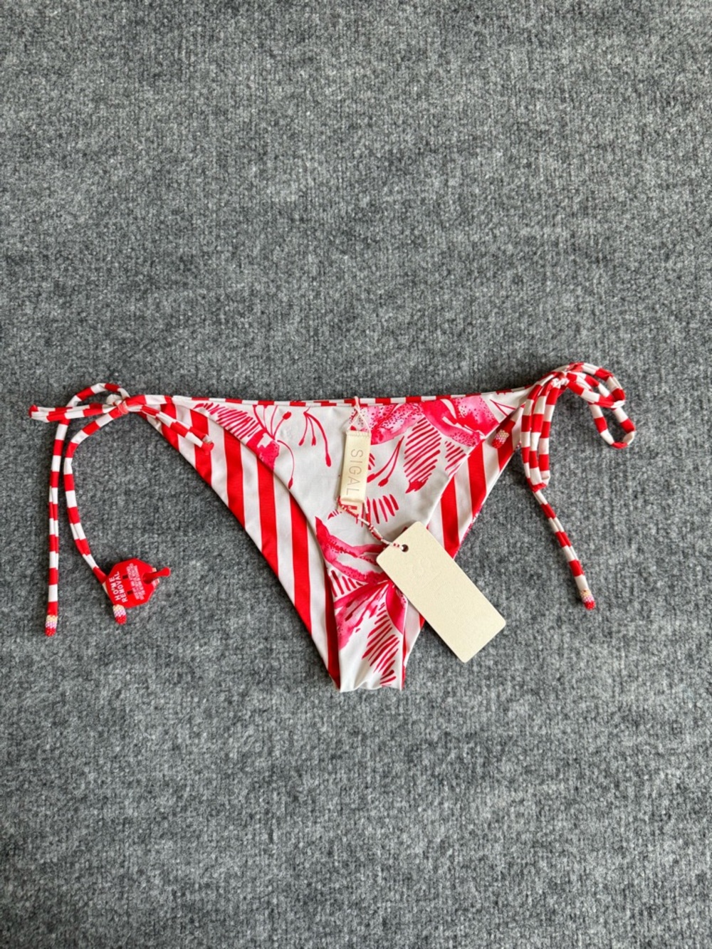 SIGAL Reversible String Bikini Bottoms Red & White Stripe Tie-Side LARGE NEW